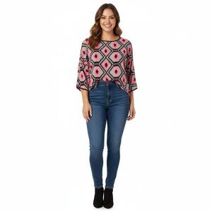 Bobeau Womens Aztec Print Loose Fit Blouse XL Gray & Coral 3/4 Sleeve 100% Polye